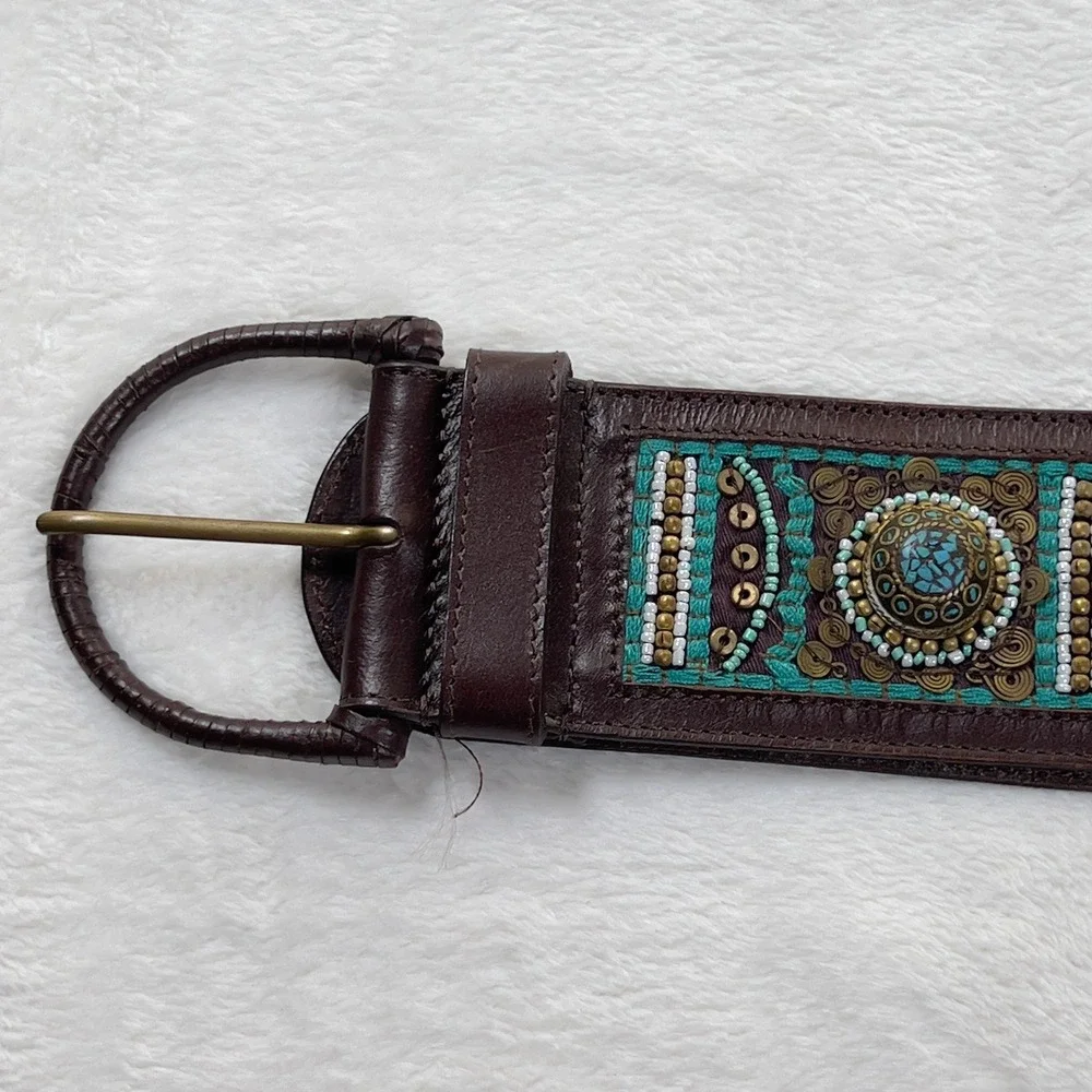 Chicos Turquoise Beaded Thick Leather Belt Womens Sz L Brown Boho Medallion